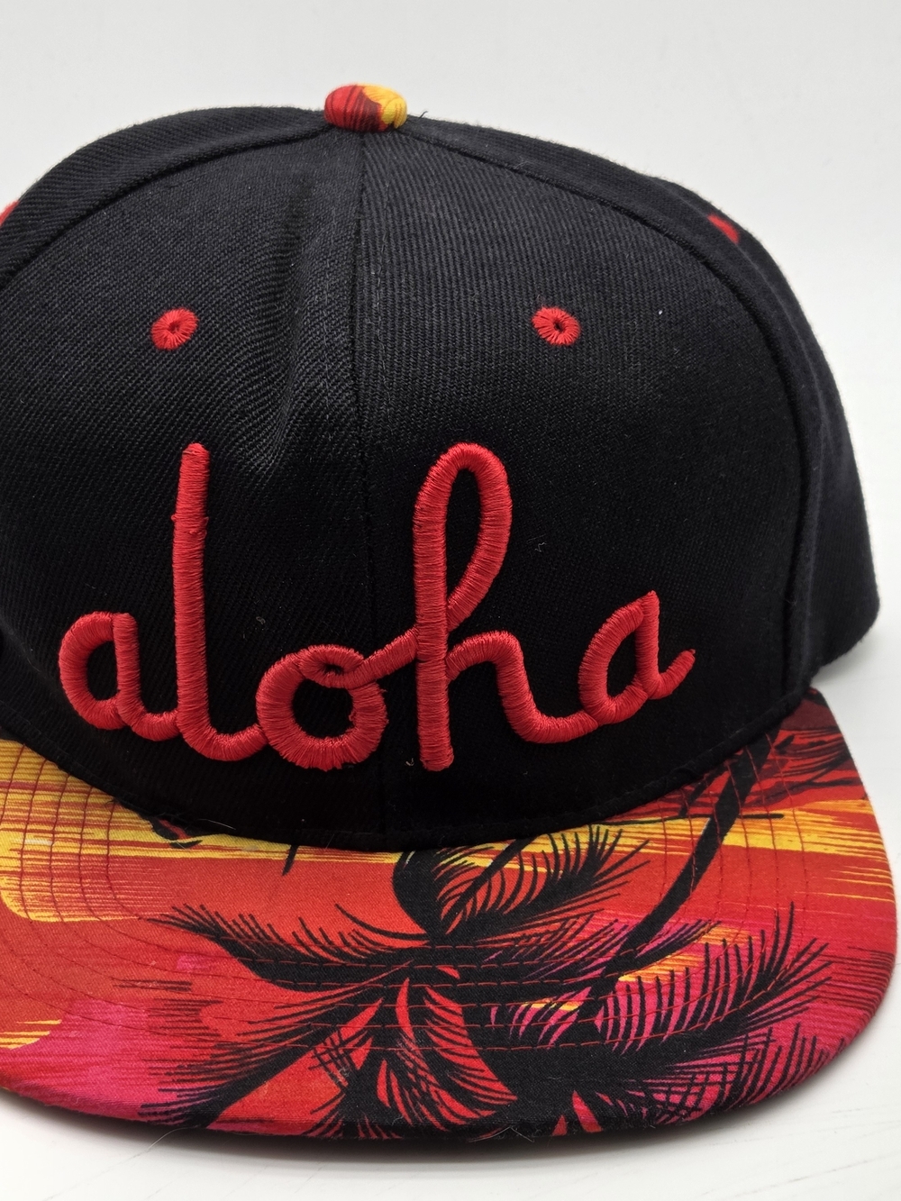Aloha Snapback Hat Black Red Tropical Palm Tree Flat Bill Cap Adjustable